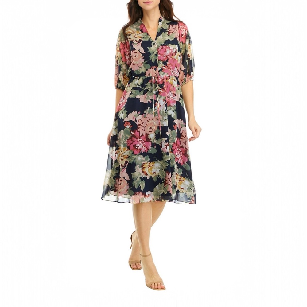 Sandra Darren Floral 3/4 Sleeve Midi Dress Small NWOT Lightweight Flowy